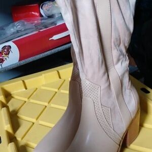 Zara Cream Mid-Calf Western Block Heel Boots